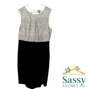 Talbots Black White Midi Dress V Neck Sheath Lined Career Cocktail Size 14 EUC
